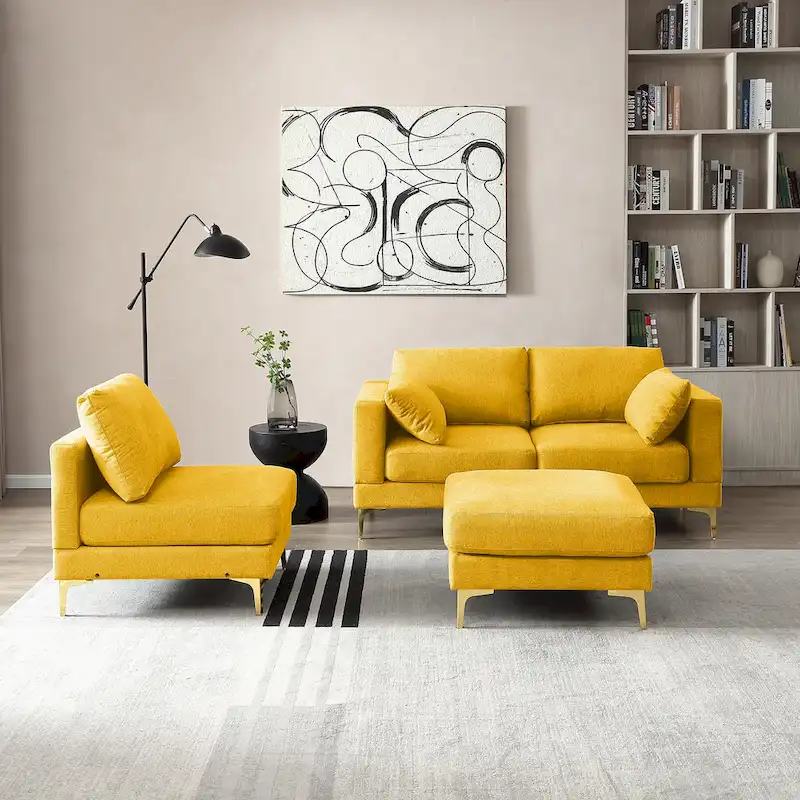 Christopher Knight Home - Beige L-Shape Sectional Sofa with Gold Metal Legs and Ottoman