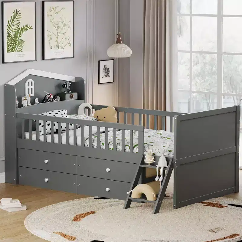 Whisen Twin Wooden Bed Frame, Platform Bed Frame with Storage 4 Drawers, Guardrail Headboard and Ladder