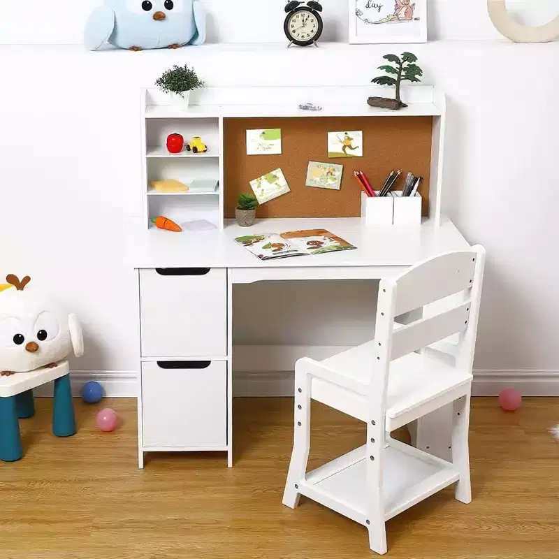 Kids Wooden Study Desk Learn Table Chair Set with Bookshelf, Bulletin Board, and Cabinets,White