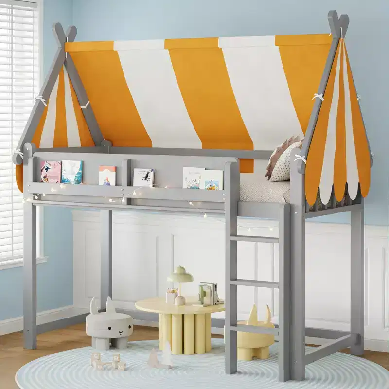 Luxystar Loft Bed with 2-Color Striped Canopy, Book Shelf and Stair