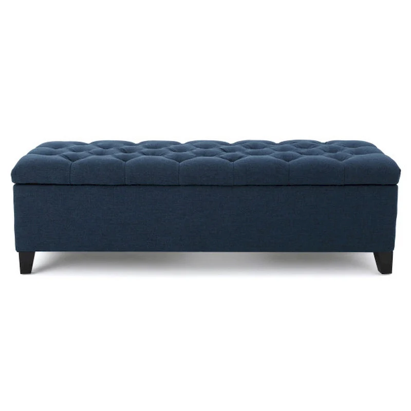 Elias Storage Bench, 51 Inch Button Tufted Blue Velvet, Solid Wood