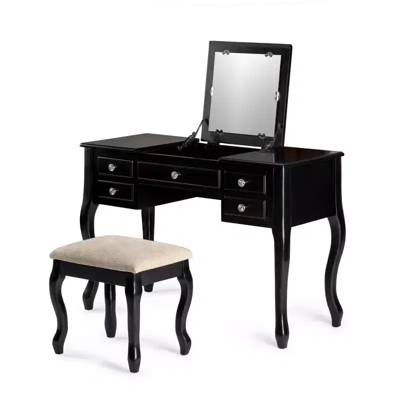 Poundex Wooden Makeup Vanity Set Desk, Mirror and Stool