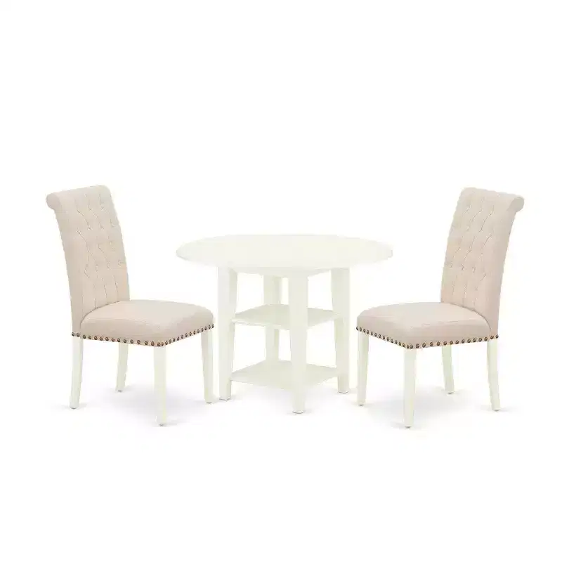 HomeStock 3-Piece Linen White Finish Round Solid Wood Top With Dropleaf Dining Table Set