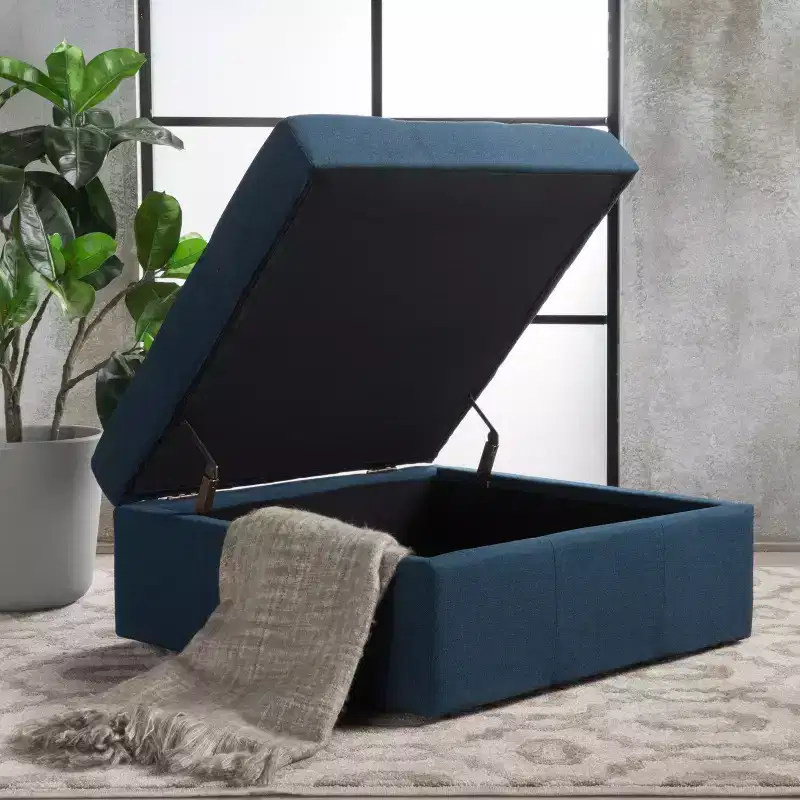 Modern Square Storage Bench with Large Capacity, Entryway Bench with Pressure Hinges, Storage Ottoman for Living Room, Bedroom, Navy Blue