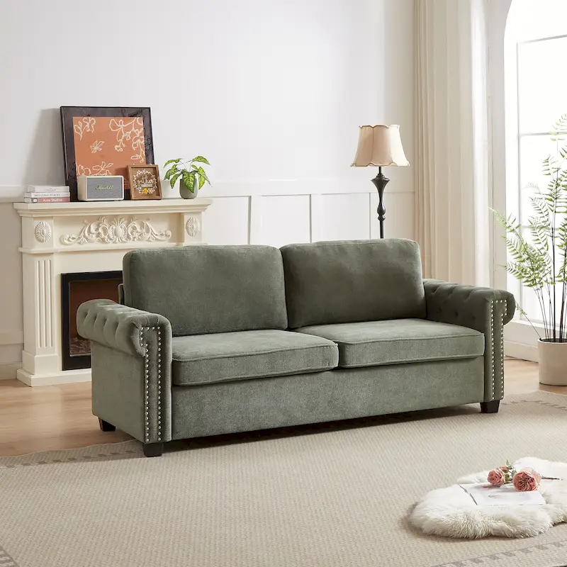 Green 83.8 2-in-1 Polyester 3-seater Nailheads Convertible Pullout Sofa Bed with Folding Mattress for Living Room