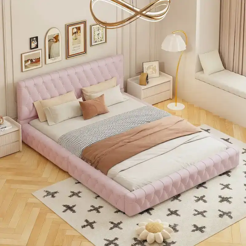 Queen Size Upholstered Bed with Tufted Headboard