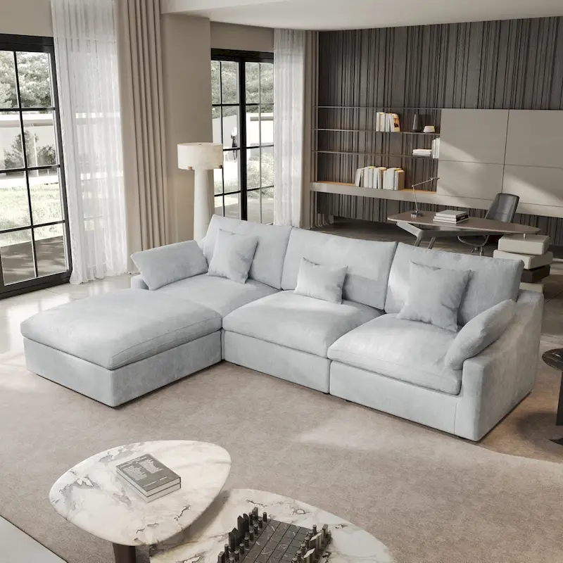 Minimalist Linen Sectional Sofa Cloud Couch, L-Shape Deep Seat Couch with Cushions