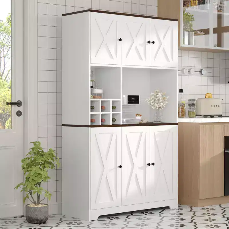 71 Tall White Kitchen Pantry Cabinet Hutch with Charging Station, Farmhouse Freestanding Cupboard with Microwave Stand & Drawers & Wine Bar Storage