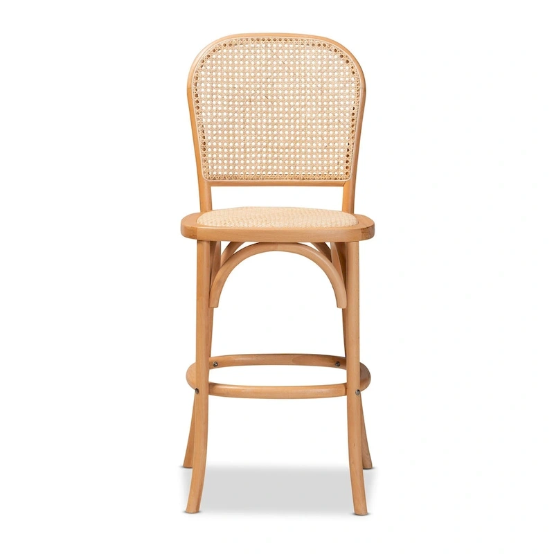 Vance Mid-Century Modern Woven Rattan and Wood Counter Stool