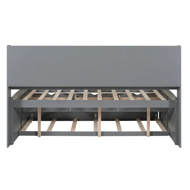Full Pine Captain Bed with Shelves, Drawers & Trundle