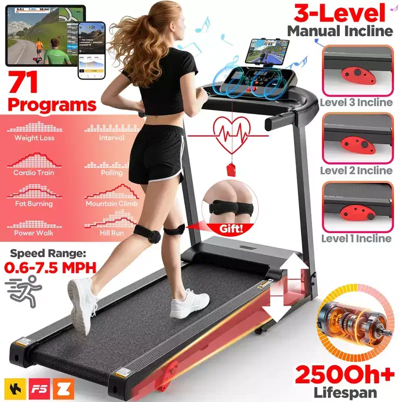 Treadmill 310LBS Capacity for Home, 3.1HP Folding Treadmill , Treadmill with 8% Incline, 7.5MPH, 71 Preset Programs, Shock Absorption, APP Control