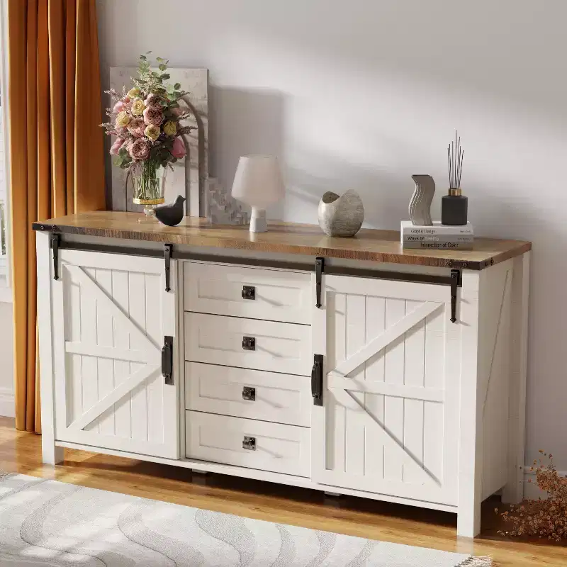 SinCiDo Farmhouse 60Dressing Table with Sliding Barn Door and 4 Drawers,Drawer Cabinet Living Room,Bedroom,Coffee Bar