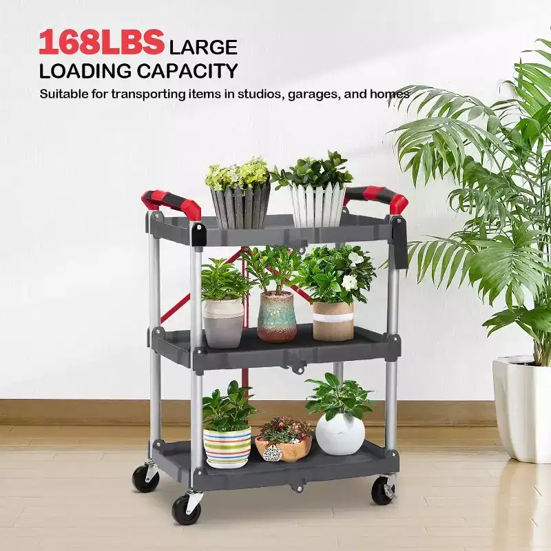 3-Tier Foldable Rolling Utility Cart - 167 lb Capacity, Aluminum Alloy, Lockable Wheels