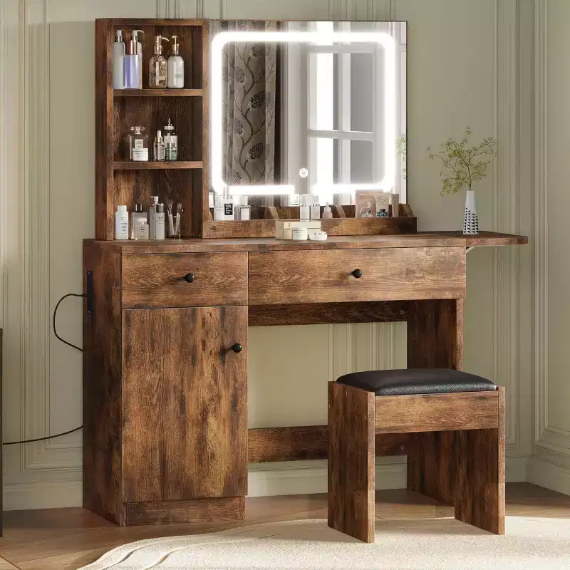 Vanity Desk with LED Lighted Mirror & Power Outlet, Makeup Vanity with Drawers & Cabinet & Chair, Vanity Table Set for Bedroom
