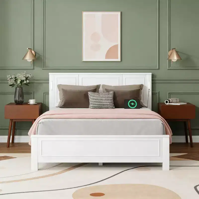 Modern Wood Frame Bed with Tall-Panel Headboard, Platform Bed, Multiple Sizes
