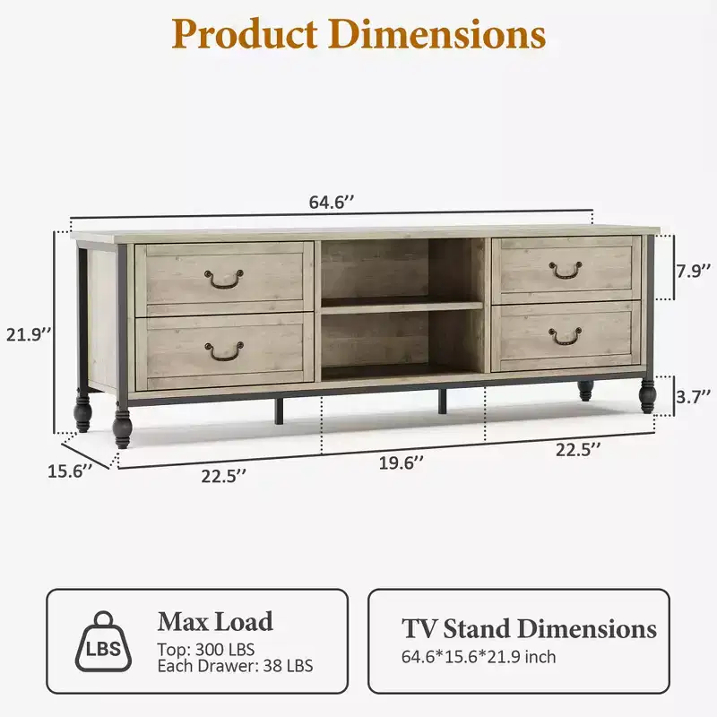 70inch TV Stand, Mid Century Modern TV Stand with Drawer, Entertainment Center with Metal Roman Columns&Handle, TV Cabinet for Living Room-Rustic Grey