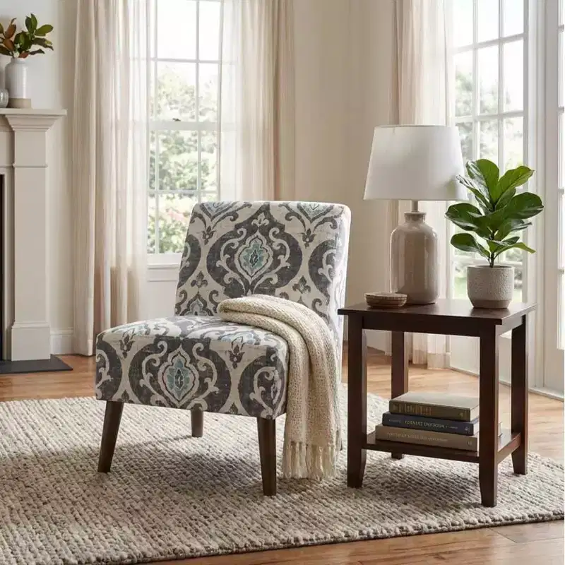 Modern Armless Accent Chair Blue, Upholstered Slipper Chair, Plywood and Hardwood Frame