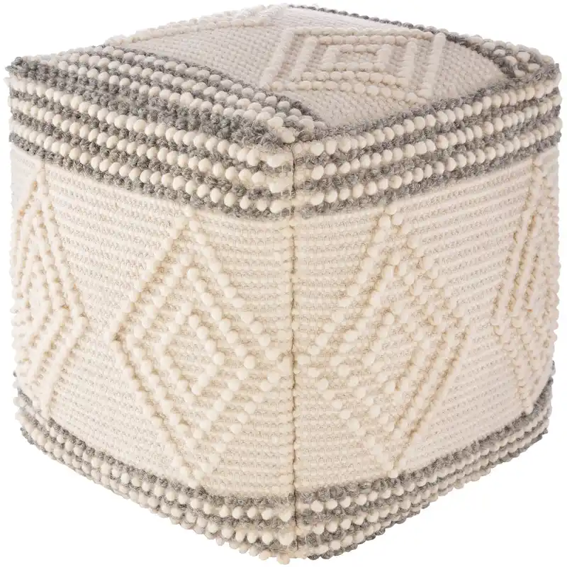 Hand-Woven Cube Pouf, Charcoal / White, Boho Style, Seats 1
