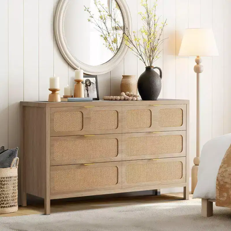 6-Drawer Rattan Dresser Metal Handles Wood Legs Boho Farmhouse Oak Storage for Bedroom Living Room Hallway Entryway