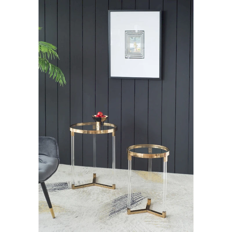 Verrill Acrylic and Iron Round Tables - Set of 2 - Gold Frame - Clear Top