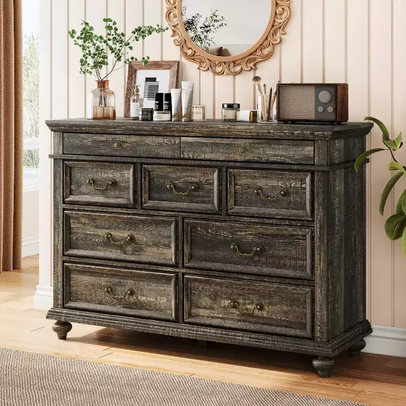 47 Wide Farmhouse 9-Drawer Dresser, Rustic Wood Chest of Drawers for Bedroom & Living Room