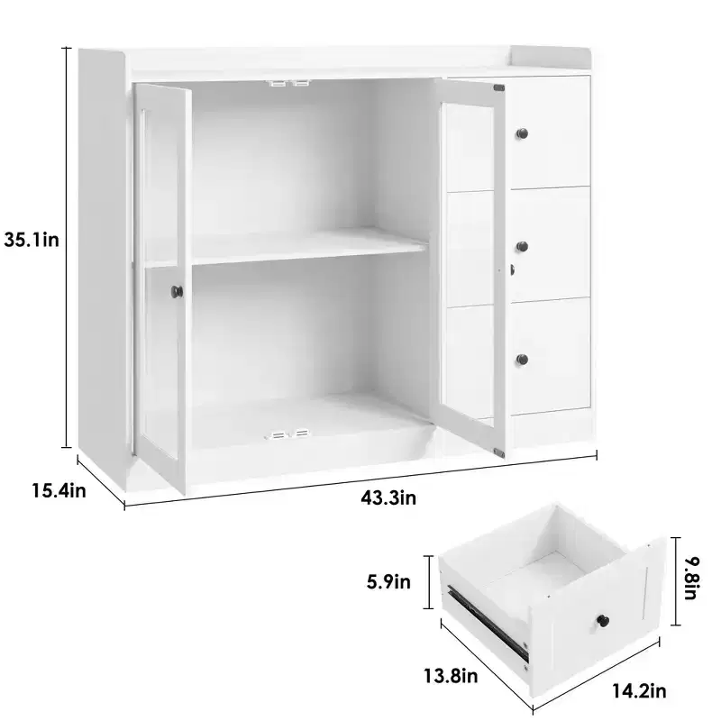 White 43 Buffet Sideboard Cabinet & Storage Dresser with Guardrail Design, Adjustable Shelves and 3 Drawers for Kitchen, Dining & Living Room