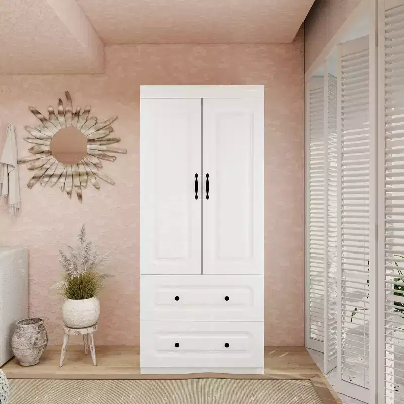 White Wood Armoire with 2 Drawers, 1 Shelf and Hanging Rod