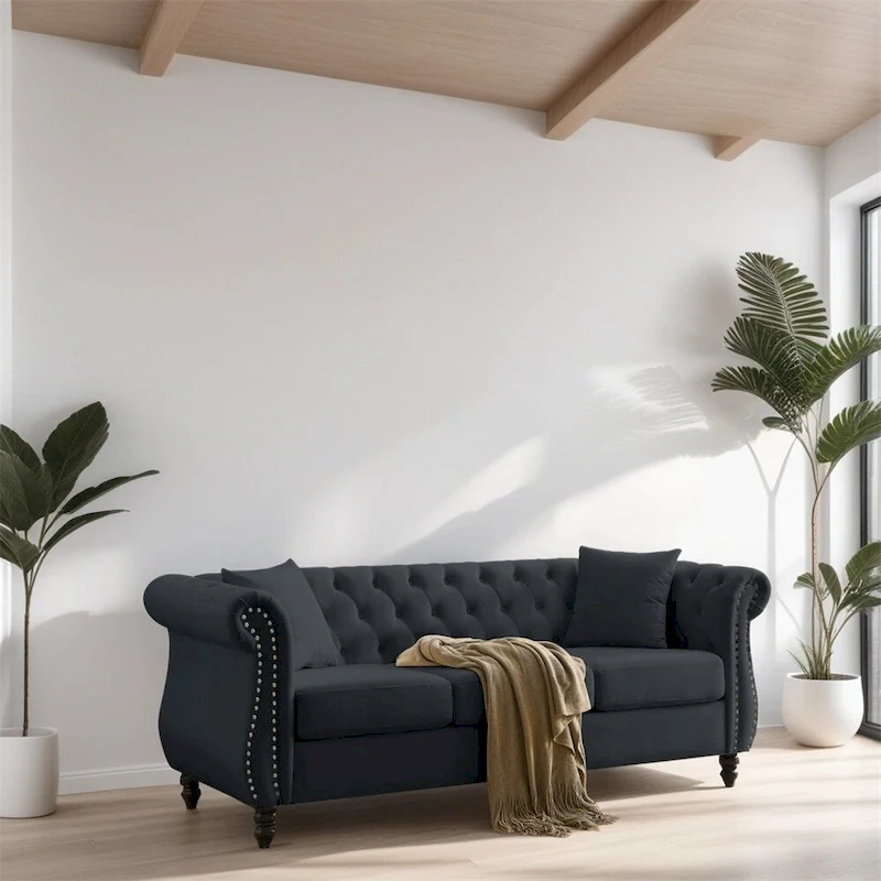80 3 Seater Velvet Sofa with Rolled Arms and Two Pillows