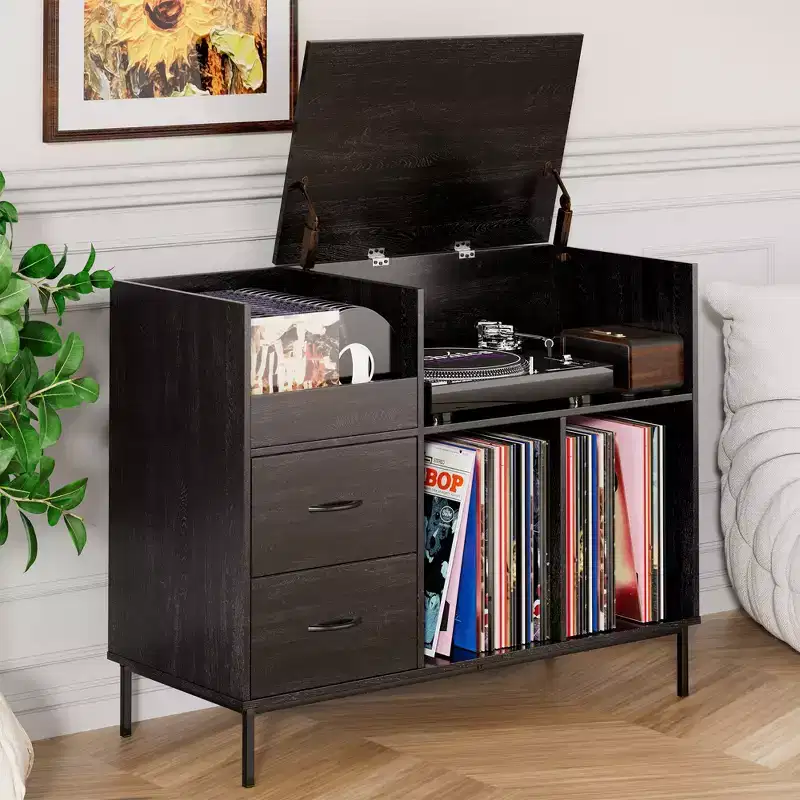 Record Player Stand with Adjustable Shelves, Holds 350+ Vinyls, Media Console with Speaker Shelf & 2 Drawers, 27.6 Turntable TV Stand