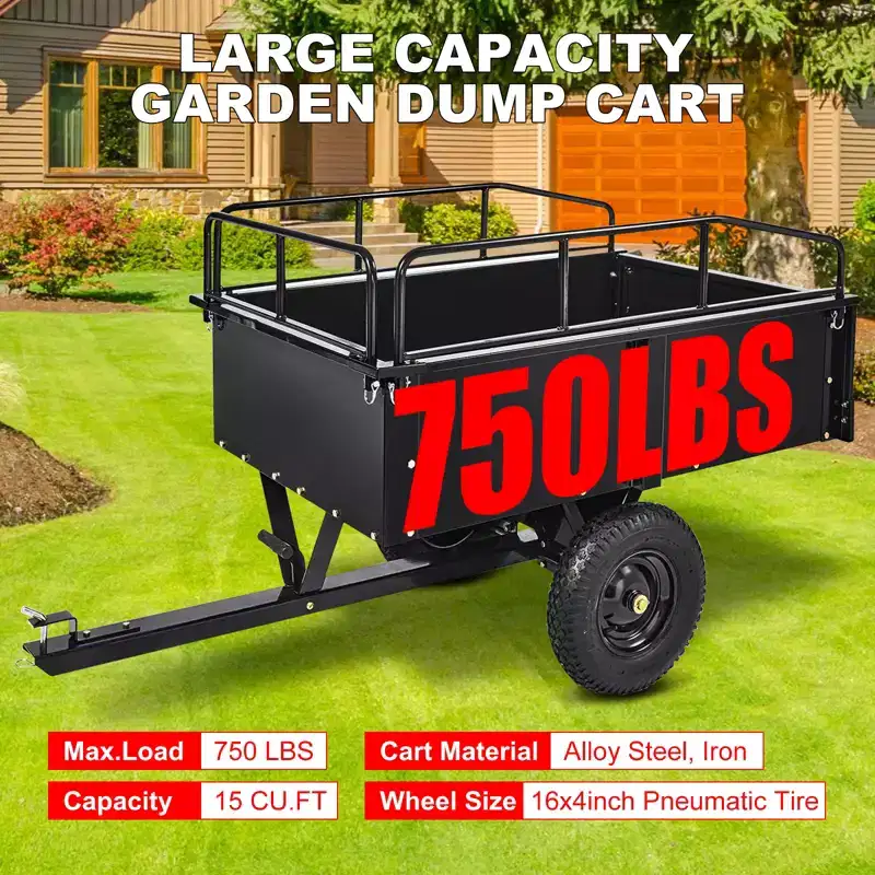 1500 lb Capacity Heavy Duty Steel ATV Dump Trailer, 15 cu. ft. Pull-Behind Utility Cart with Removable Sides for Garden and Yard