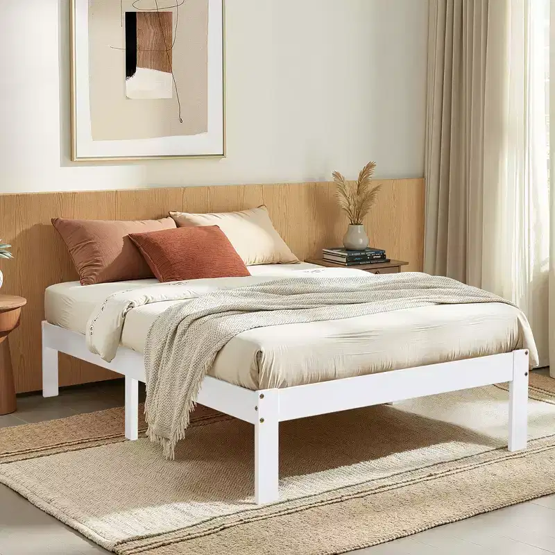 Solid Wood Platform Bed Frame with Wooden Slat Support, White