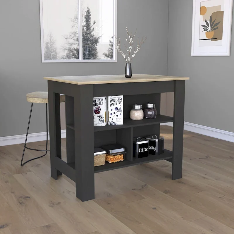 Kitchen Island , Three Shelves, Black Wengue / Light Oak Finish