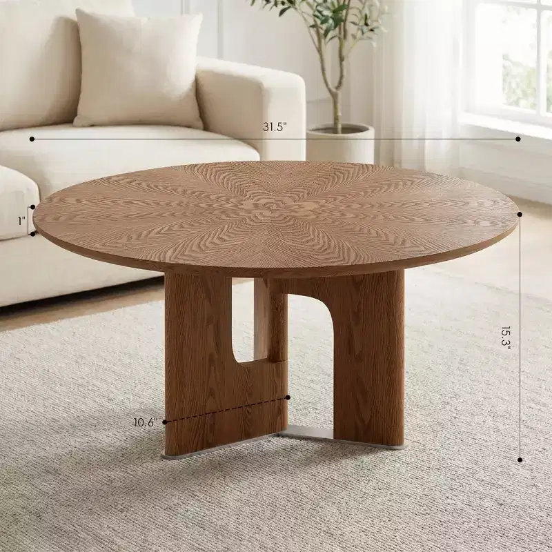 JVNOXK 31.5 Inches Round Rustic Ash Wood Veneer Coffee Table for Small Living Room,Walnut