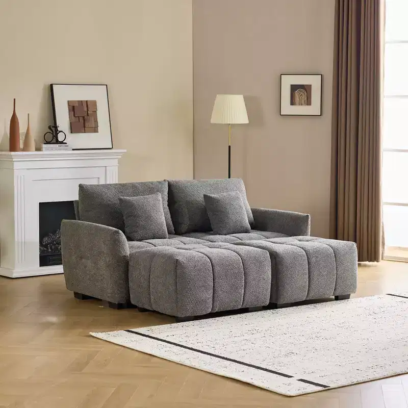 Karl Home |77 in.W Round Arm Boucle L-shaped American Tufed Sofa in Green with Ottoman