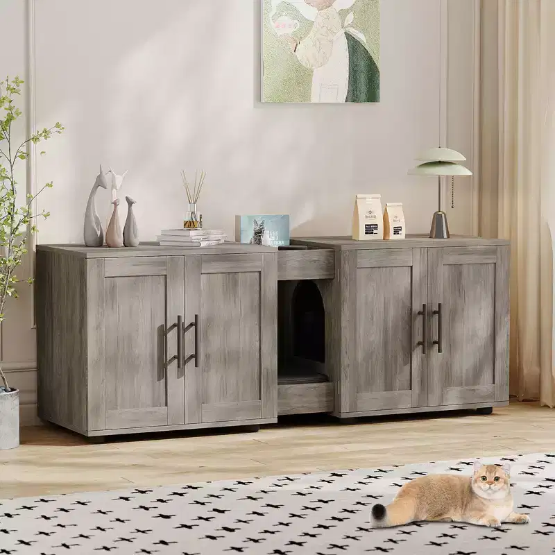 Cat Litter Box Enclosure for 2 Cats, Litter Box Cabinet Hidden with with Scratch Pad, Wooden Washroom Furniture with Double Room, Large Storage Space