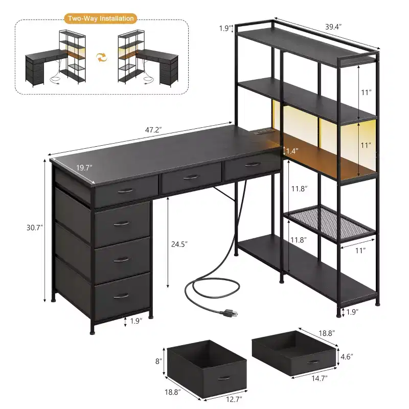 47 L-Shaped Computer Desk with 6 Drawers & 5-Tier Shelves, Reversible Corner Gaming Desk with LED Lights & Power Outlets