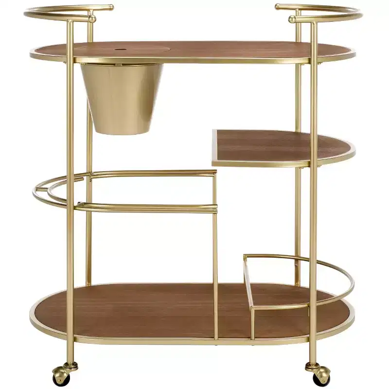 2-Tier Bar Cart with Bucket, Brushed Gold/Natural