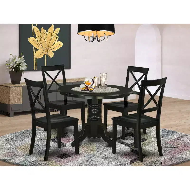 HomeStock Belmont 5Pc Round 42 Dining Room Table And 4 Wood Seat Kitchen Chairs, Black
