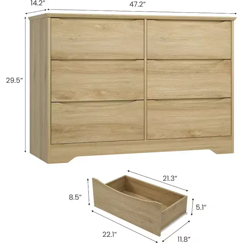 LinTimes Modern 6-Drawer Wooden Dresser - Deep Storage Cabinet with Wide Top - Spacious Organizer Chest for Bedroom, Living Room, Hallway, Kids Room