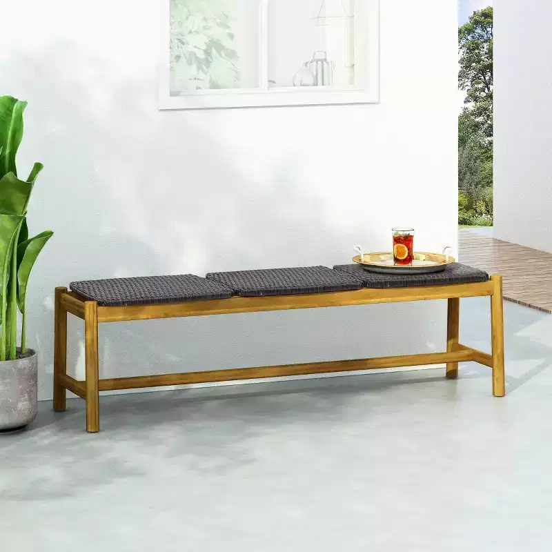 Cambria Outdoor 3 Seater Wicker Bench - Teak/Brown - Christopher Knight Home: Acacia Wood Frame, Iron Hardware, Water-Resistant