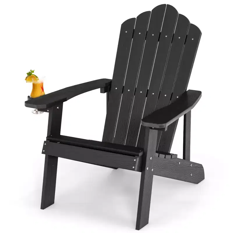 Gymax Outdoor Patio Adirondack Chair Made of Durable HIPS Material with Built-in Cup Holder Weather-Resistant and Supports Up to 380lbs Black/Teak
