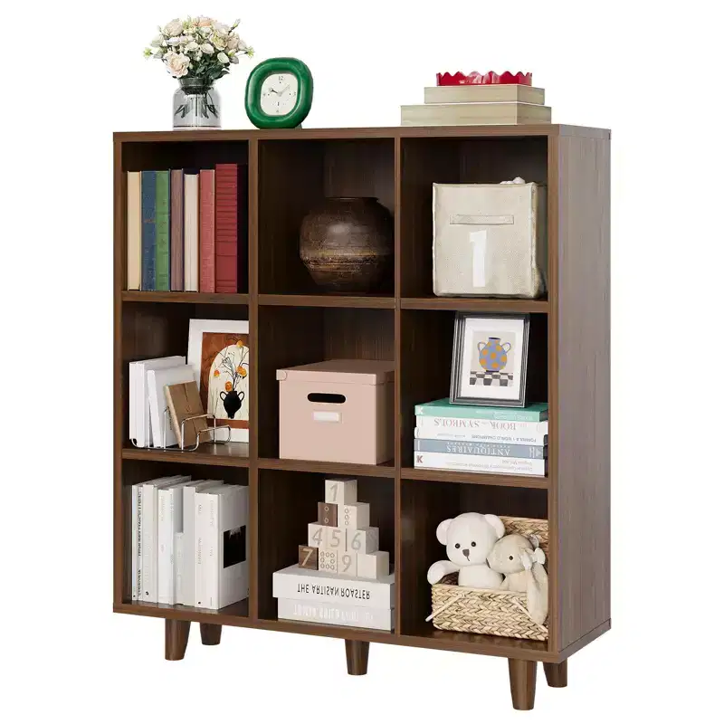 9-Tier Mid-Century Modern Bookshelf-Rustic Brown Wood Cube Storage Organizer with Anti-Tipping Legs for Living Room/Home Office (9-Cube, Retro Brown)