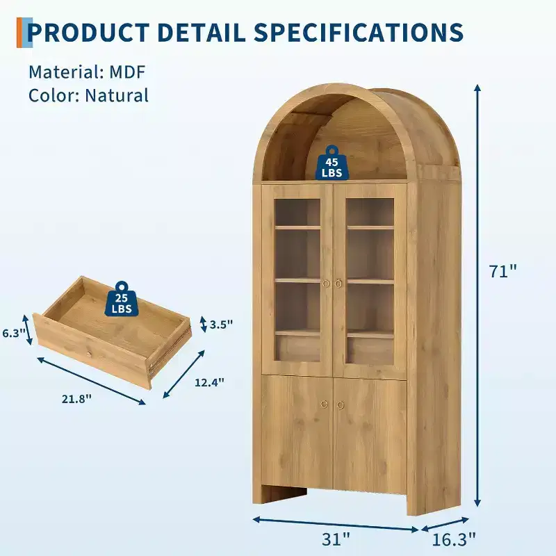 71 Tall Arched Storage Cabinet,Farmhouse Arched Kitchen Pantry Cabinet,with Acrylic Doors and Adjustable Shelves, for Kitchen, Dining Room