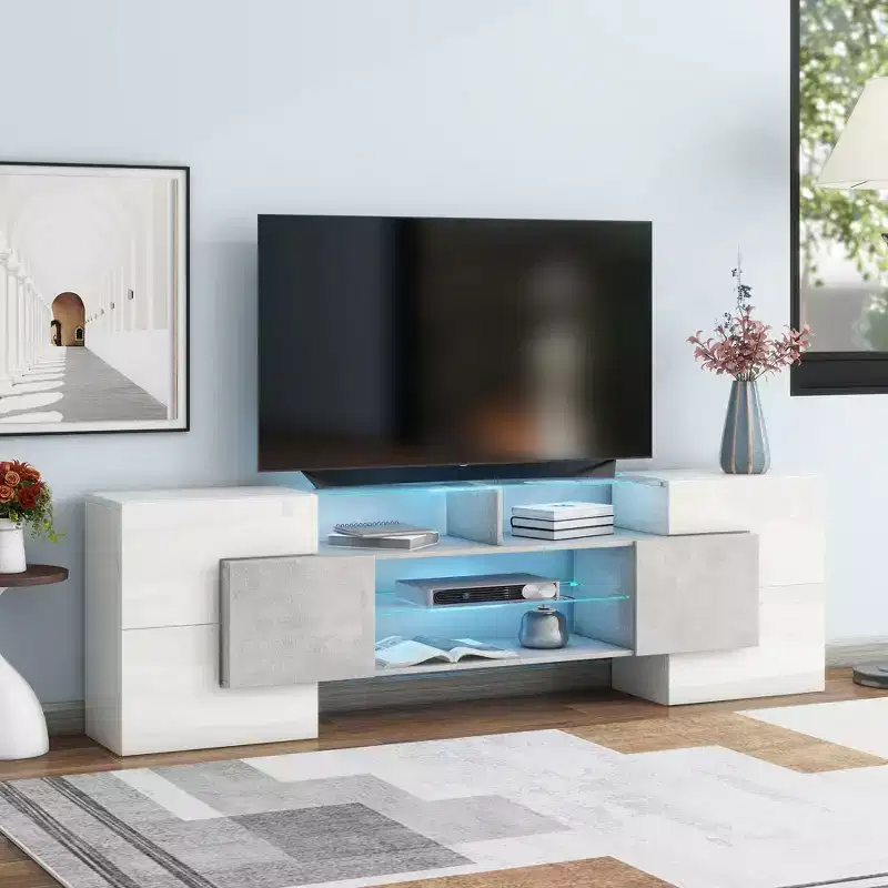 TV Stand for TVs up to 80 Inches with 2 Lighted Glass Shelves and LED Color Changing Lights