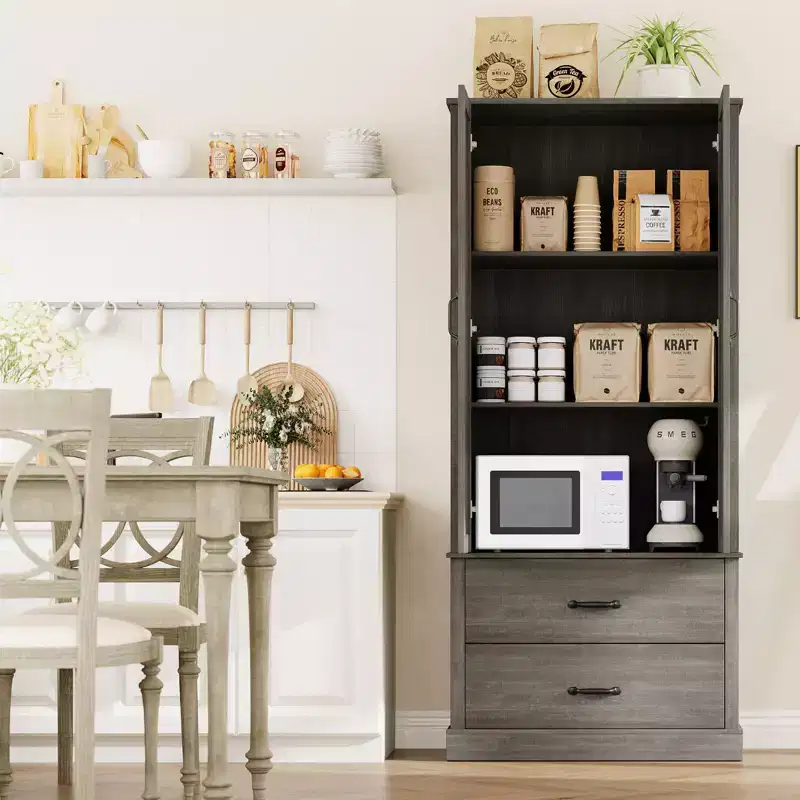 Modern Kitchen Pantry Closet with Adjustable Shelves and 2 Doors and Drawers, Cupboard for Dining Room, Living Room, White & Rustic Grey