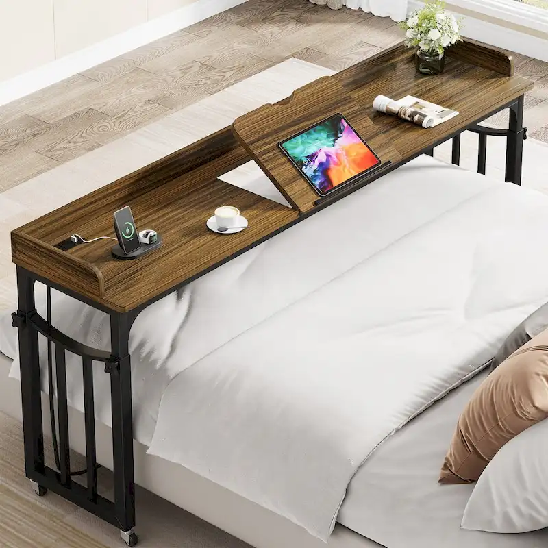 71 inch Overbed Table with Height Adjustable & Power Outlet, Queen Size Bed Table