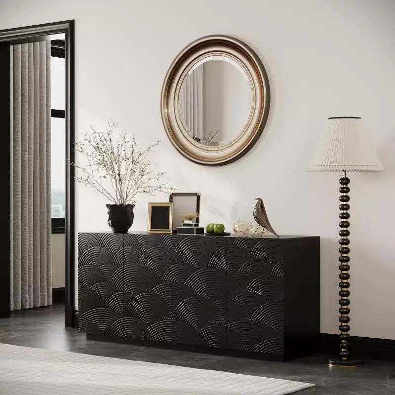 60 Mid Century Modern Sideboard Buffet Cabinet with Storage, Adjustable Shelves, Geometric Pattern, TV Media Console for Living Room