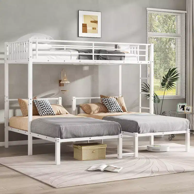 Metal Twin Over Twin Over Twin Bunk Beds for 3 Kids, Heavy Duty Triple Bunk Bed with Built-in Desk, White