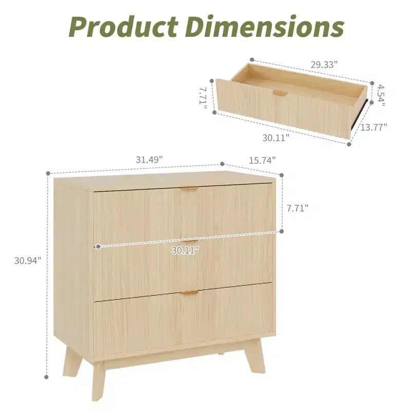 3 Drawer Dressers, Modern Fluted Closet Dressers Chest of Drawers, Wood Storage Dresser Chest of Drawers Organizer