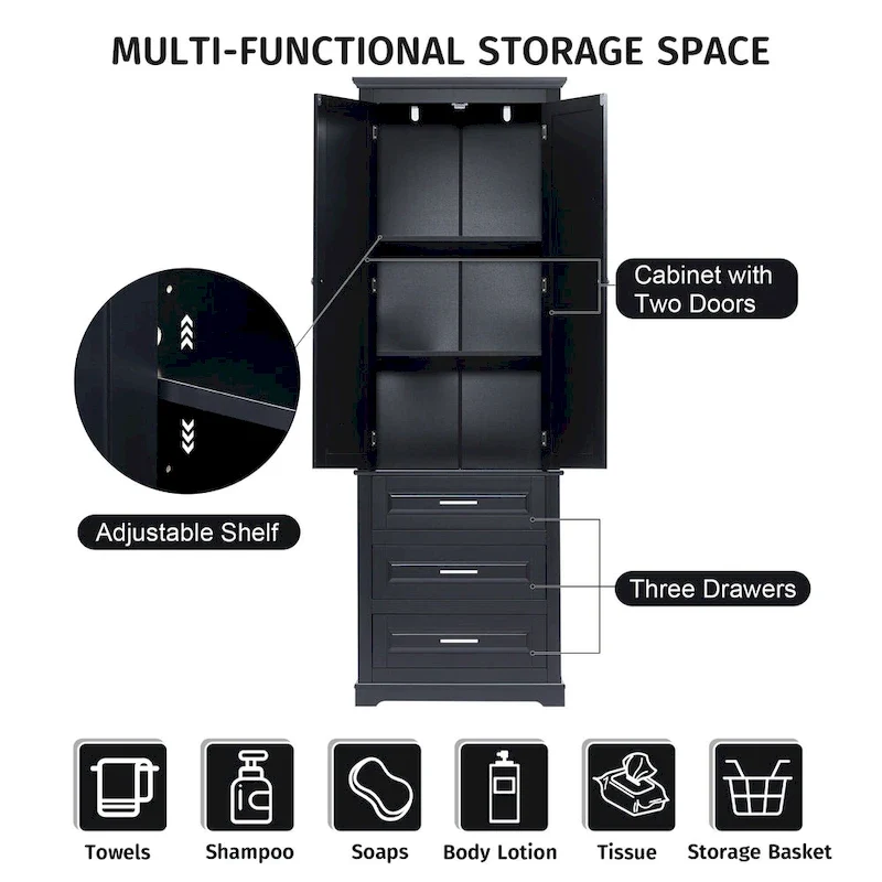 24 x 15.7 x 70 Freestanding Bathroom Cabinet with 3 Drawers